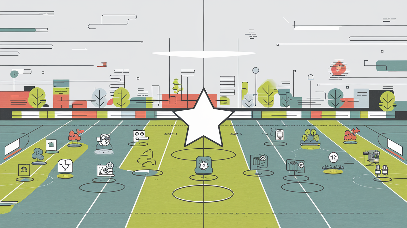 Benchmark concurrentiel illustré par un terrain de sport avec entreprises alignées.