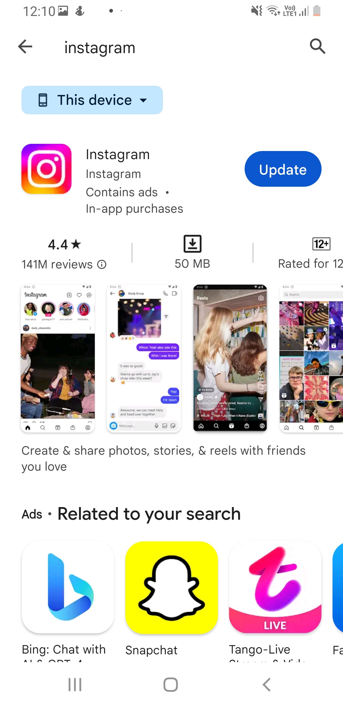 Capture d’écran du bouton Mettre à jour Instagram sur App Store et Play Store