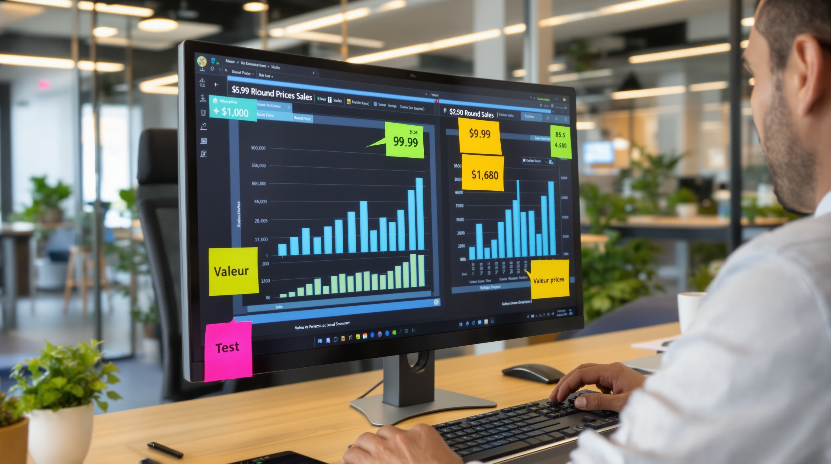 Chef d'entreprise testant une stratégie de prix en .99 sur Excel, entouré de post-its 'Test' et 'Valeur perçue'.