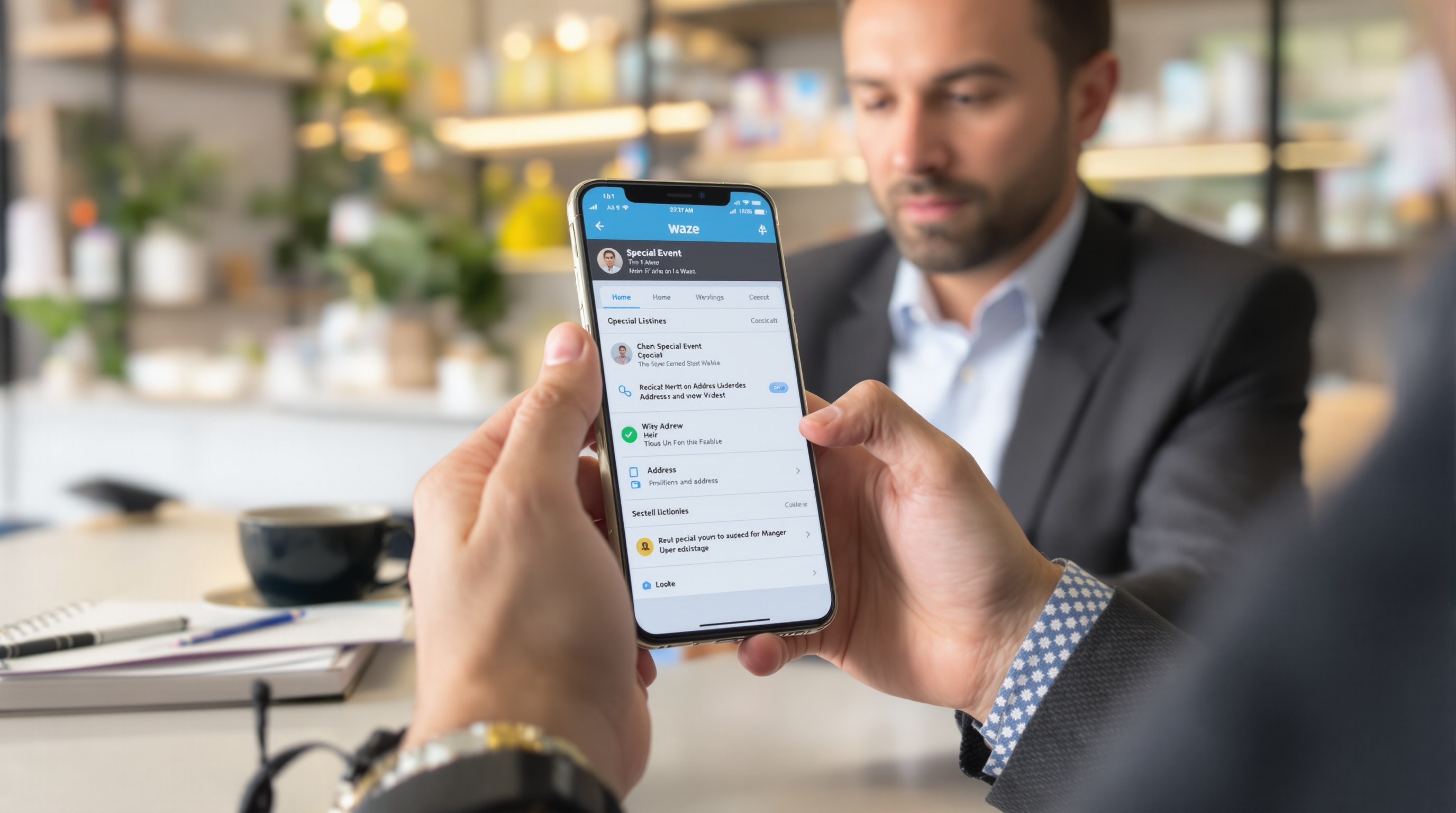 Commerçant mettant à jour sa fiche Waze sur smartphone avec notifications événements spéciaux.