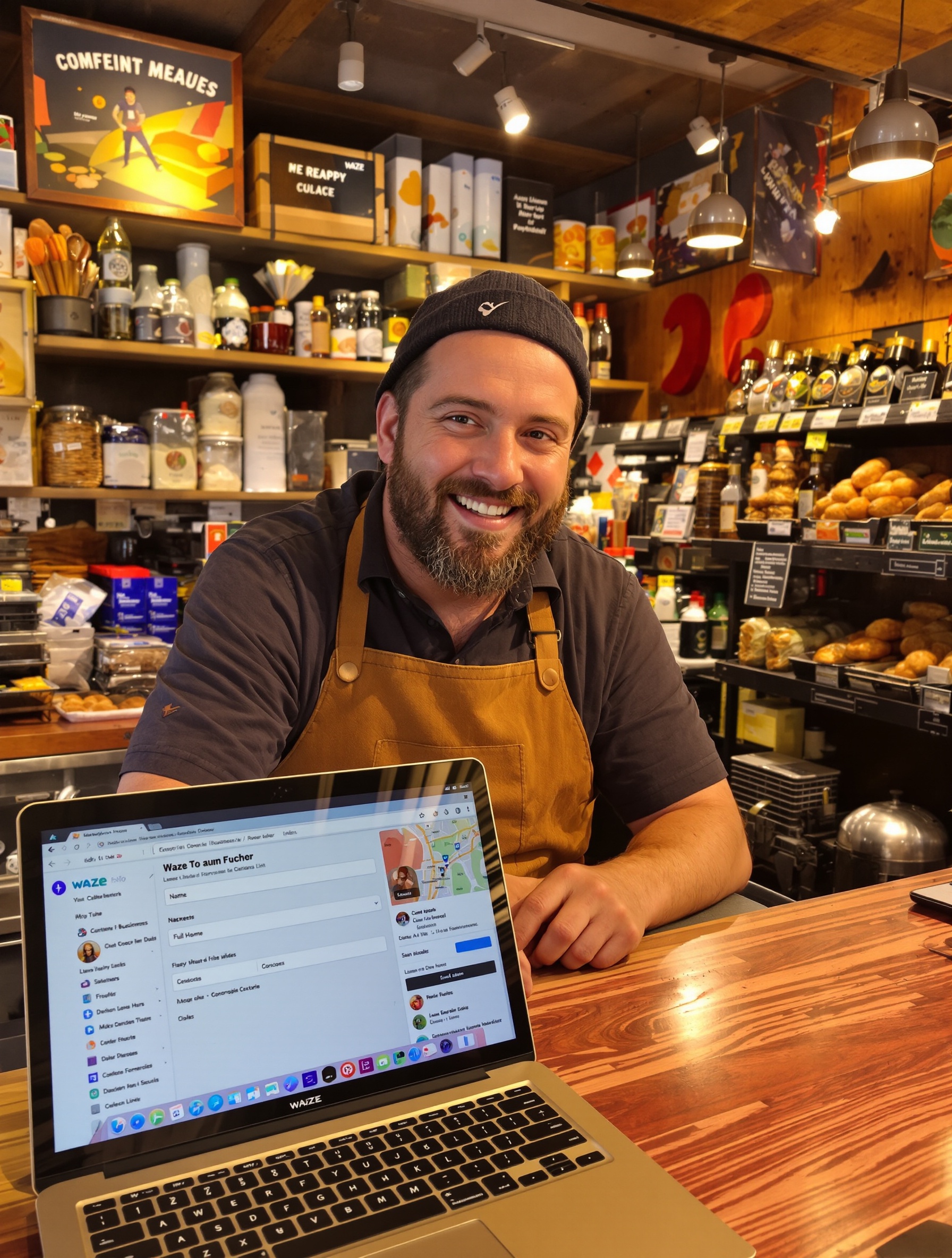 Commerçant ajoutant sa boutique sur Waze via ordinateur avec interface Map Editor.