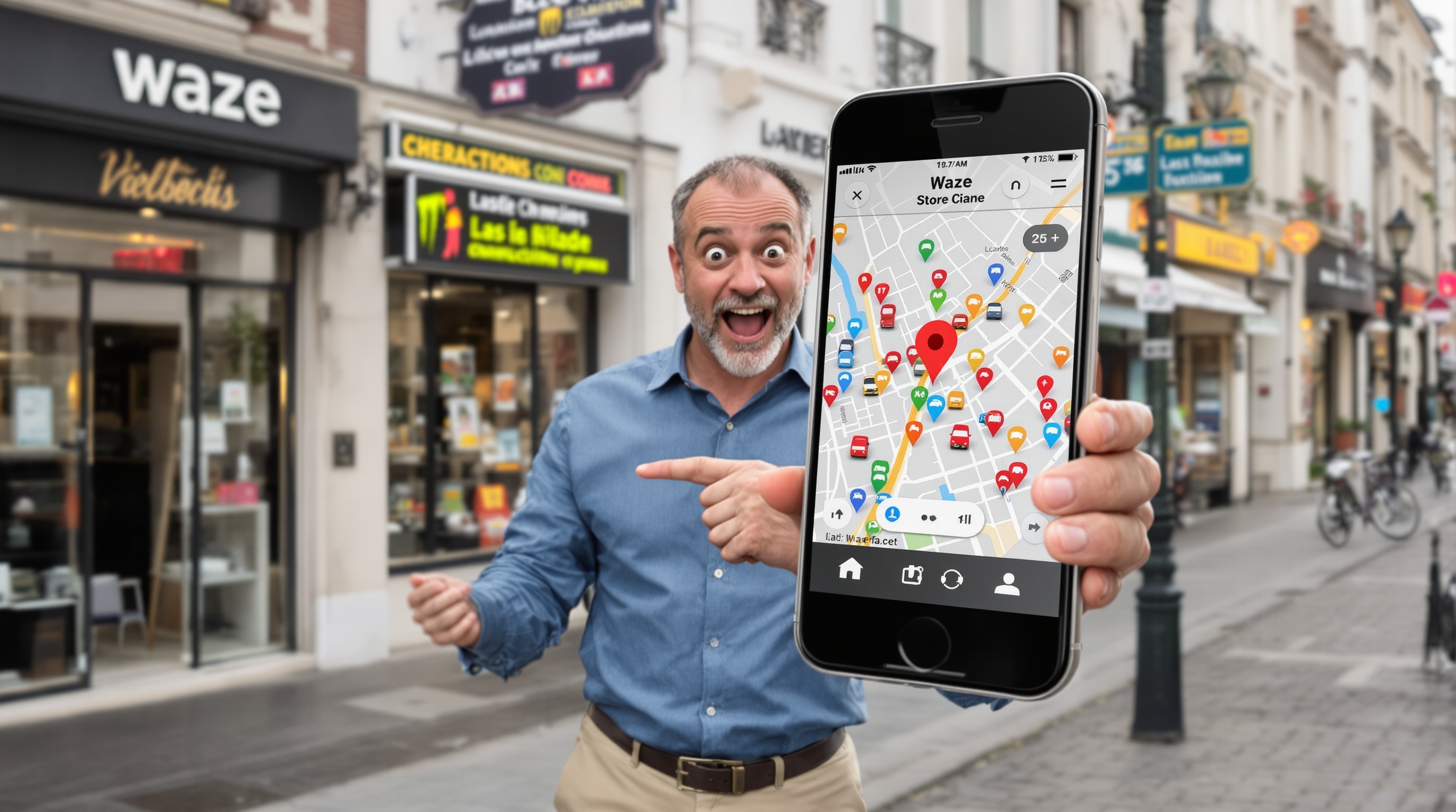 Un commerçant français découvre l’impact de Waze devant sa boutique avec des voitures autour.
