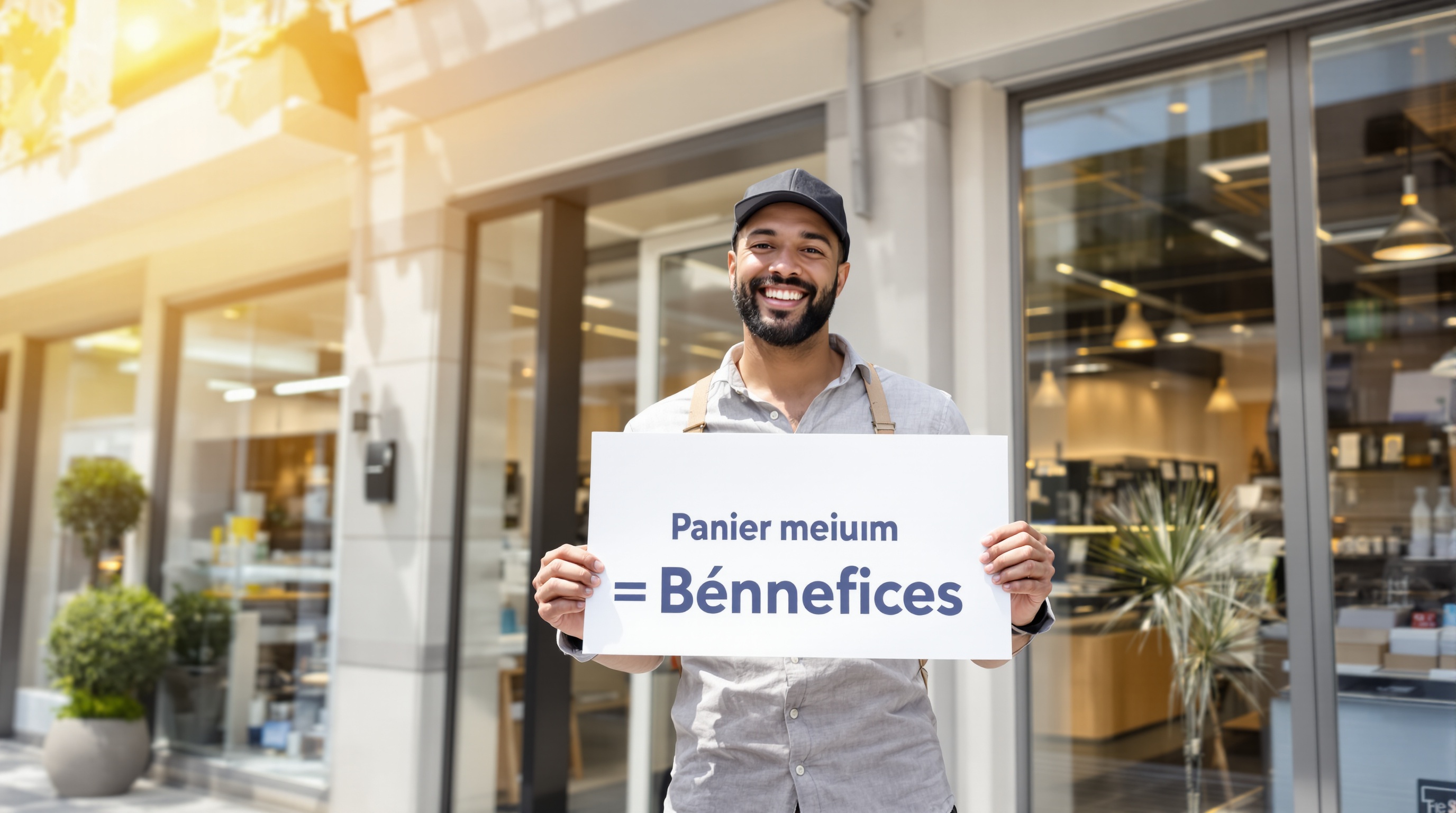 Commerçant affichant fièrement son panier moyen