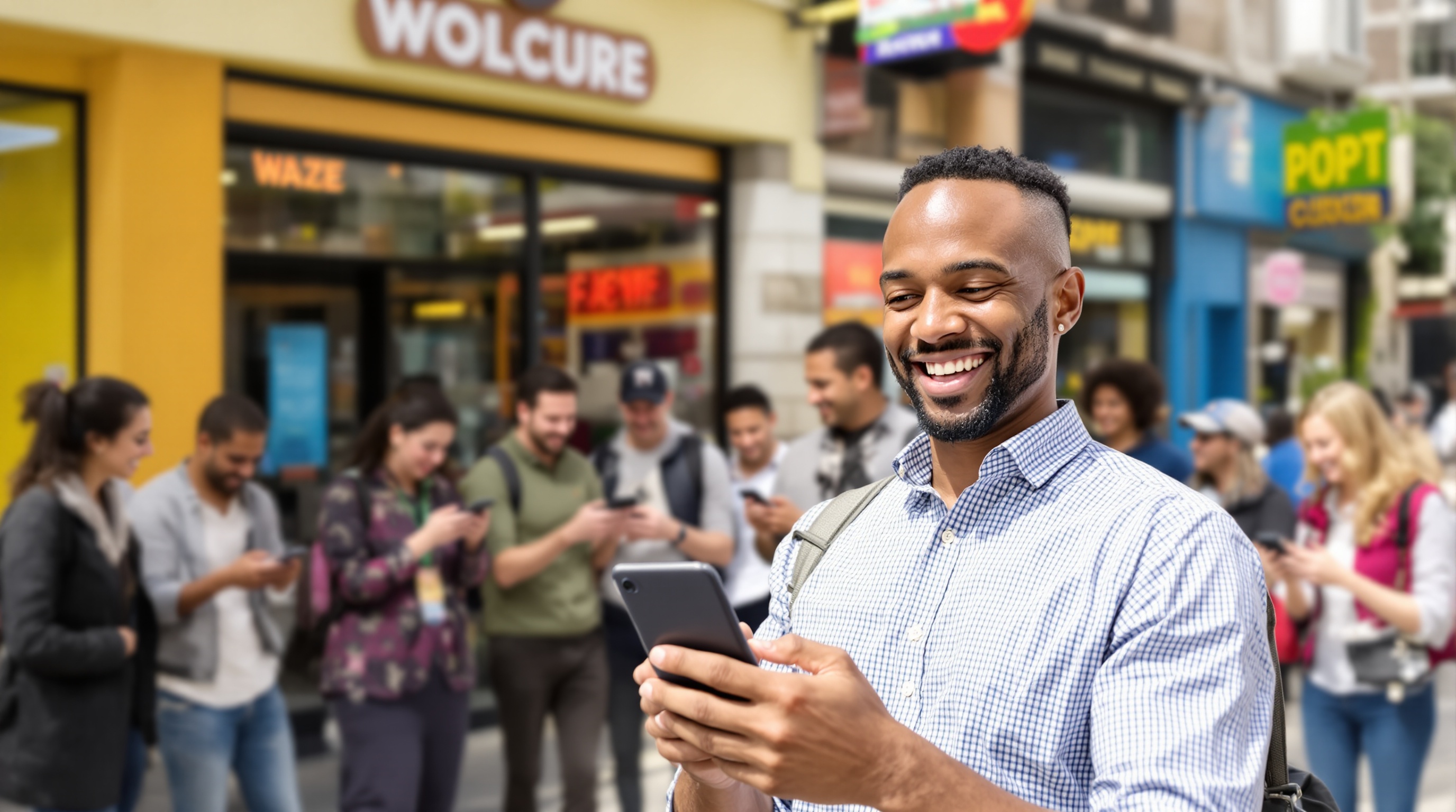 Commerçant enthousiaste ajoutant son entreprise sur Waze entouré de clients heureux devant sa boutique.
