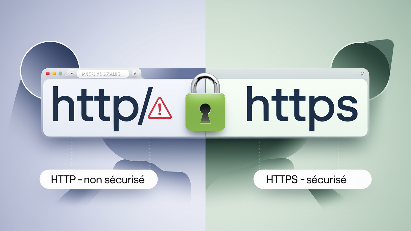 Comparaison visuelle entre une URL avec HTTP et une URL avec HTTPS, illustrant la sécurité.
