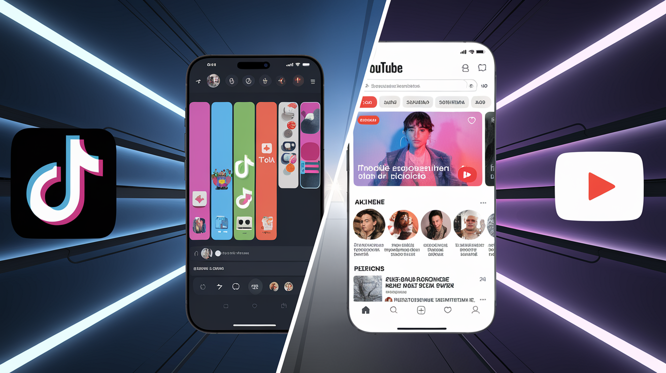 Comparaison visuelle entre TikTok et YouTube : vidéos courtes verticales sur TikTok, recherche longue et structurée sur YouTube.