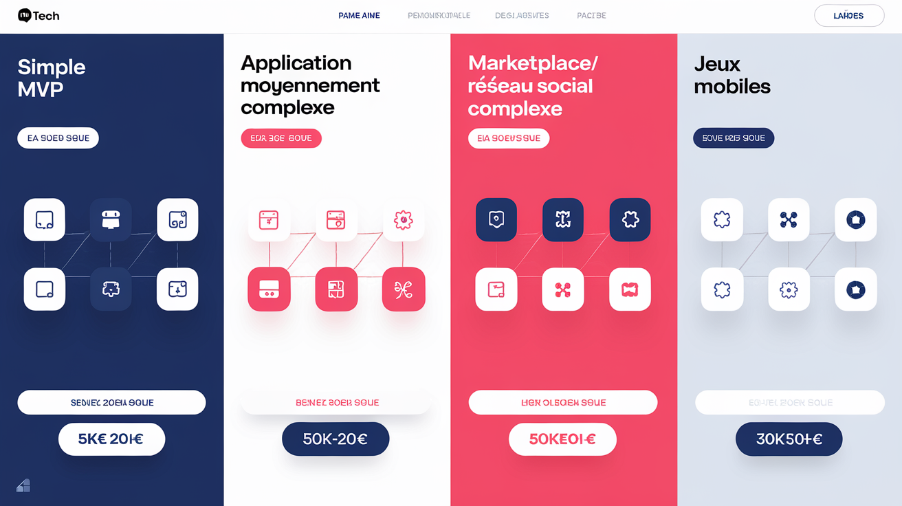 Comparatif visuel du coût de développement : MVP, application complexe, marketplace, jeu mobile.