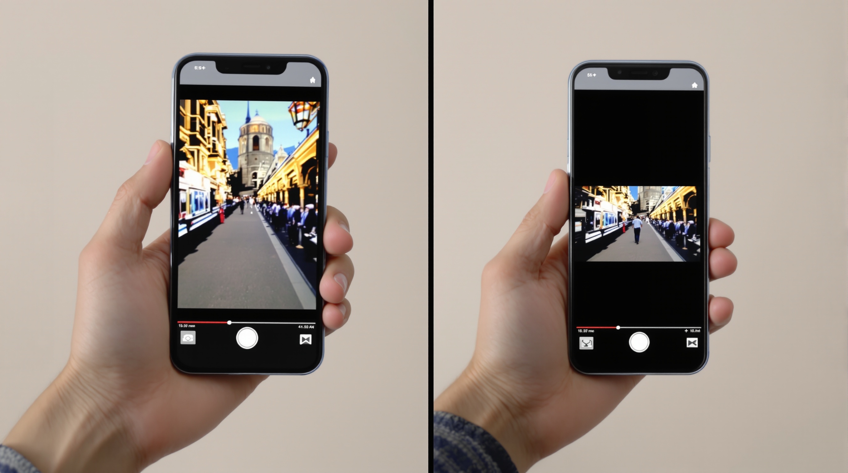 Comparaison entre une vidéo verticale bien cadrée sans bandes noires et une vidéo verticale mal adaptée avec grosses bandes noires.