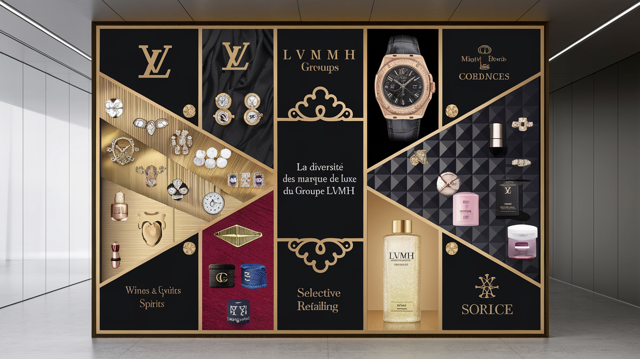 Visuel représentant la diversité des marques de luxe du groupe LVMH, illustrant ses différents Domaines d'Activité Stratégique.