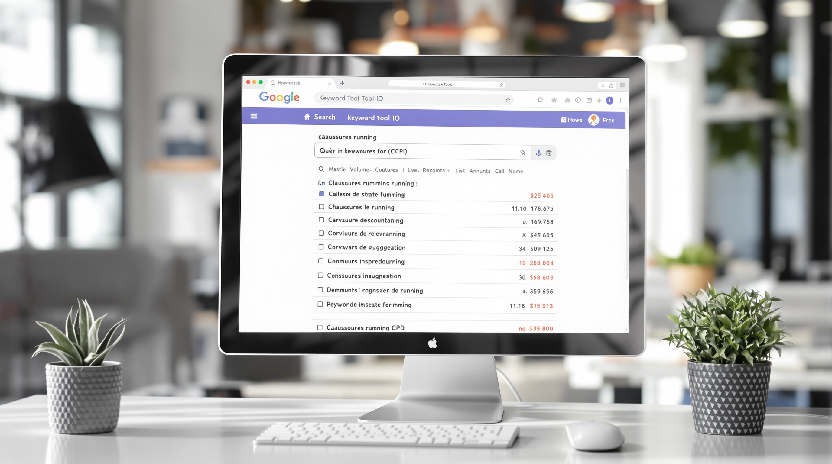 Interface gratuite Keyword Tool IO affichant une liste de suggestions sans volumes ni CPC.