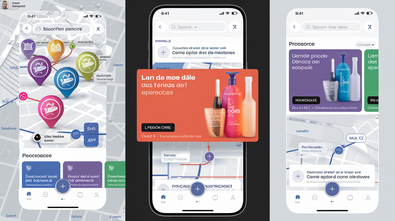 Exemple visuel de différentes publicités Waze (Pins, Search, Takeover) affichées sur l'application mobile.