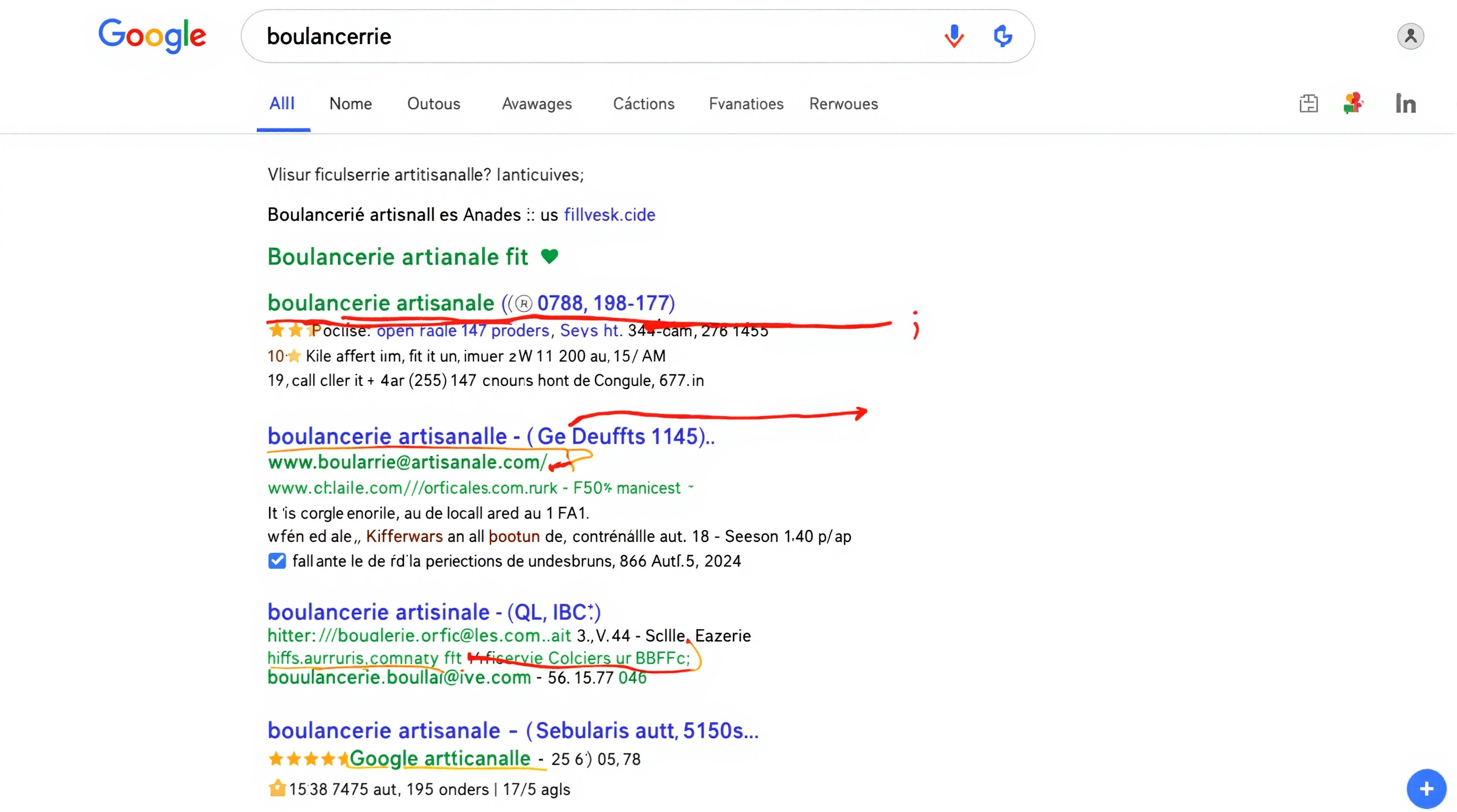 Capture fictive recherche Google concurrents boulangerie artisanale.
