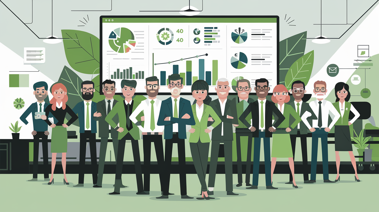 Futur du green marketing : professionnels autour d’un écran qui affiche des données écologiques, ambiance moderne et dynamique.