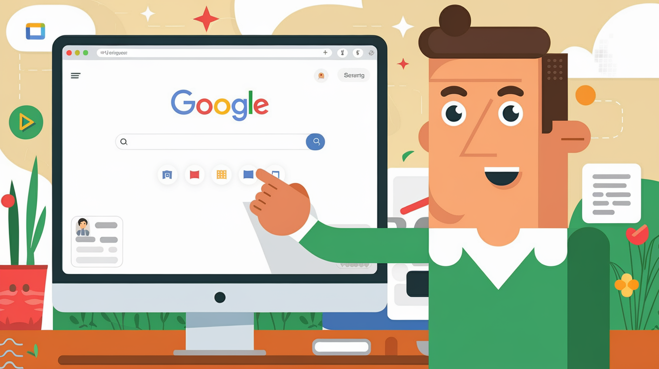 Un utilisateur lambda découvre la recherche par image sur Google Images, style flat design, couleurs vives.
