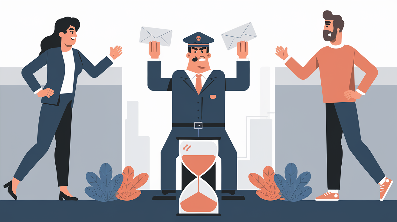 Illustration humoristique d'un proxy grincheux bloquant un message entre deux personnes