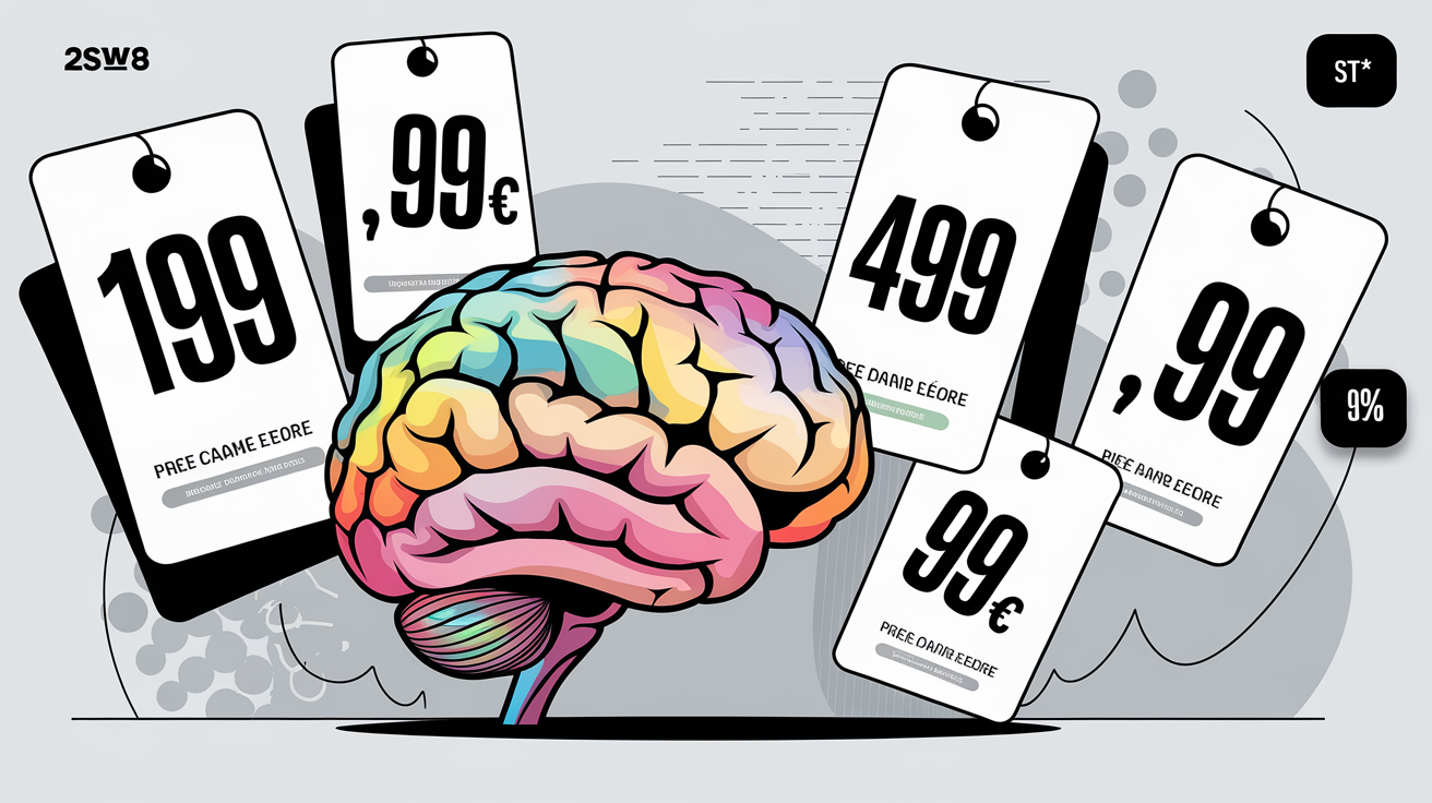 Illustration représentant un cerveau humain face à des prix se terminant par 99, soulignant l'impact psychologique.
