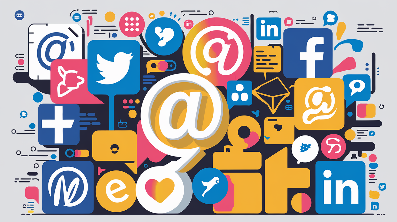 Illustration montrant divers logos de réseaux sociaux et plateformes où le symbole @ est utilisé pour identifier les utilisateurs.