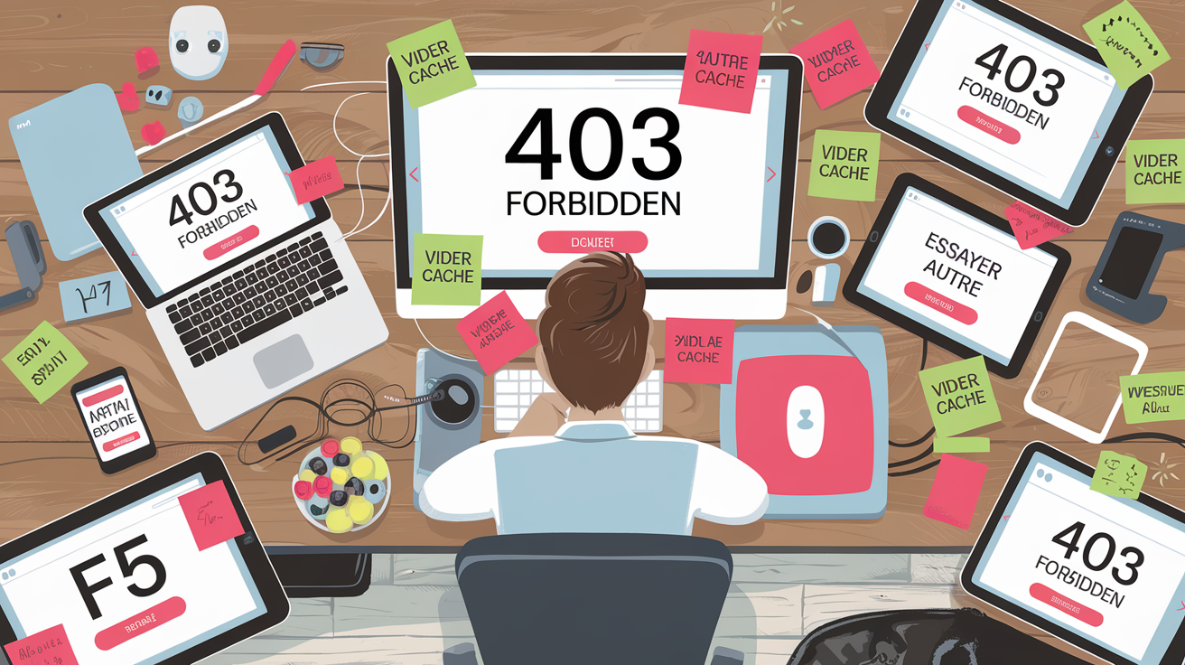 Utilisateur frustré devant une erreur 403, entouré de différents navigateurs et appareils.