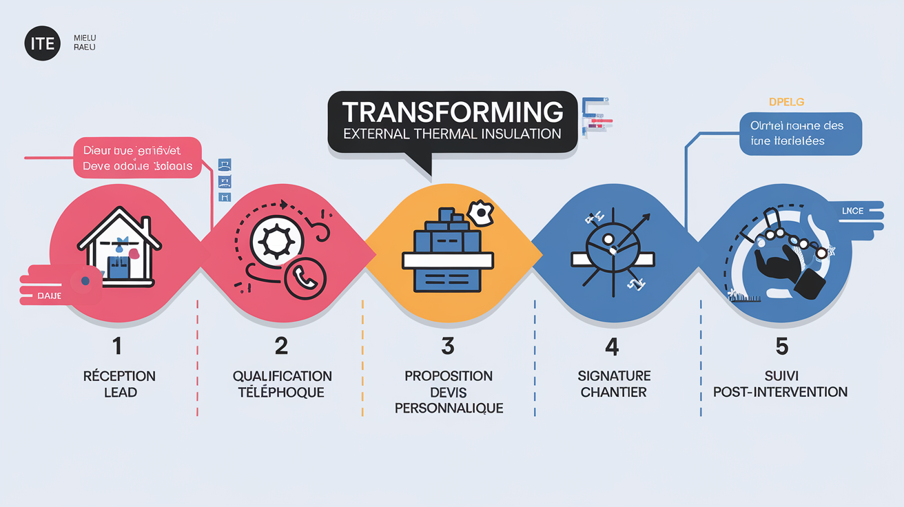 Infographie processus transformation lead ITE en chantier