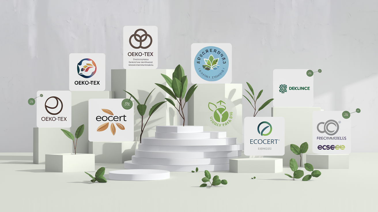 Visuel présentant divers logos de labels écologiques reconnus comme Oeko-Tex et Ecocert, symbolisant la confiance et la transparence.