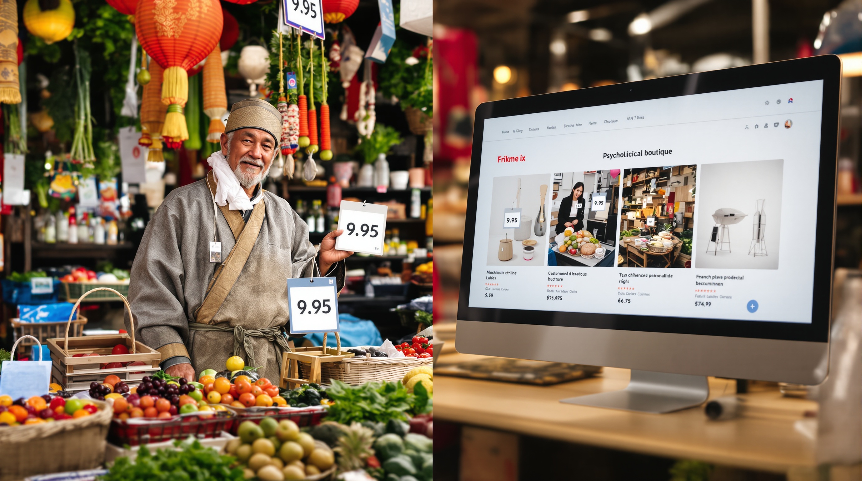 Un ancien marchand asiatique et une boutique e-commerce moderne utilisant le prix psychologique .99.