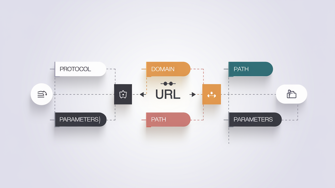 Schéma simple de l'anatomie d'une URL, avec couleurs distinctes pour chaque partie.
