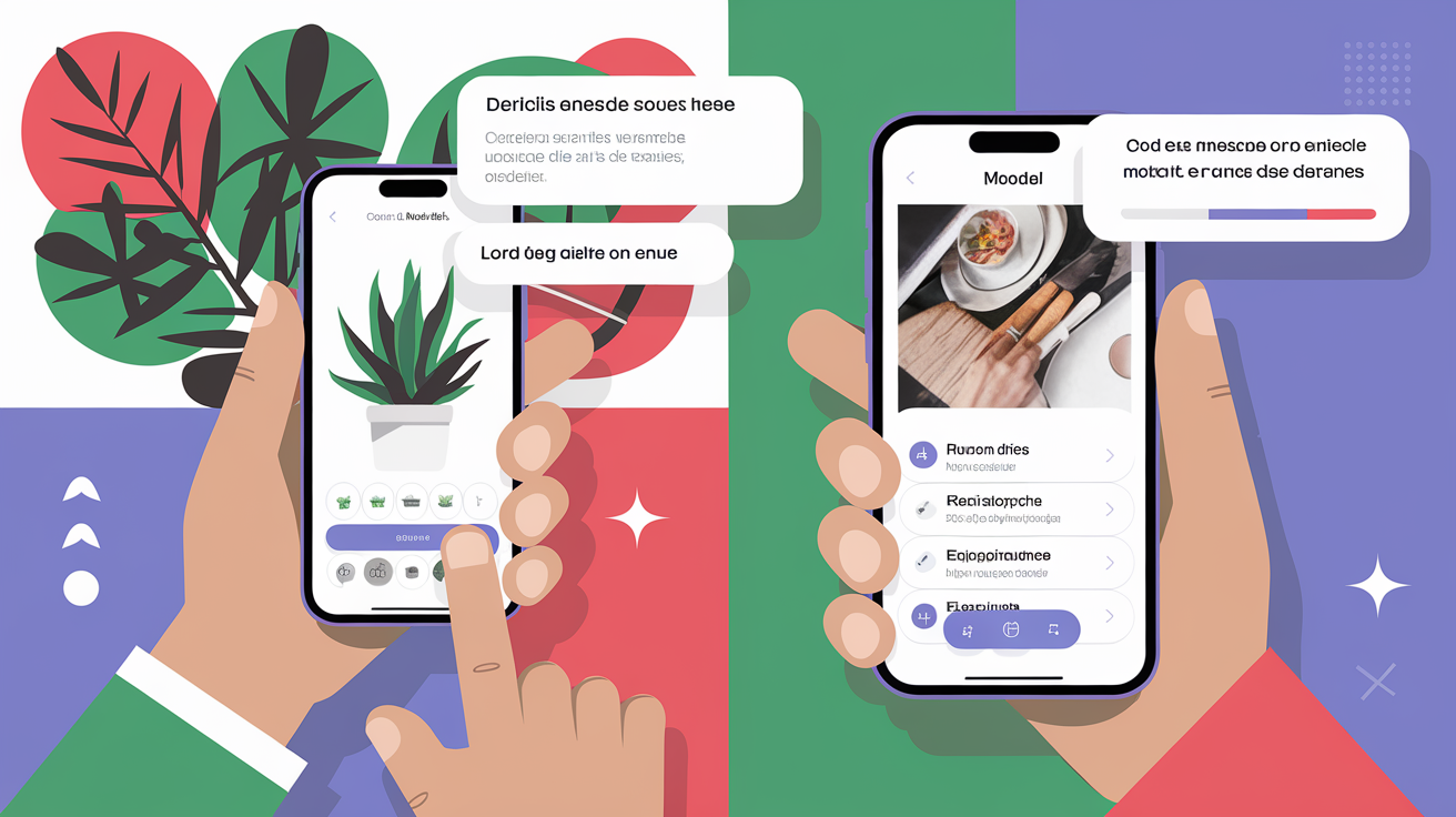 Google Lens en action sur un smartphone : reconnaissance de plante ou traduction d’un menu, flat design, couleurs vives.