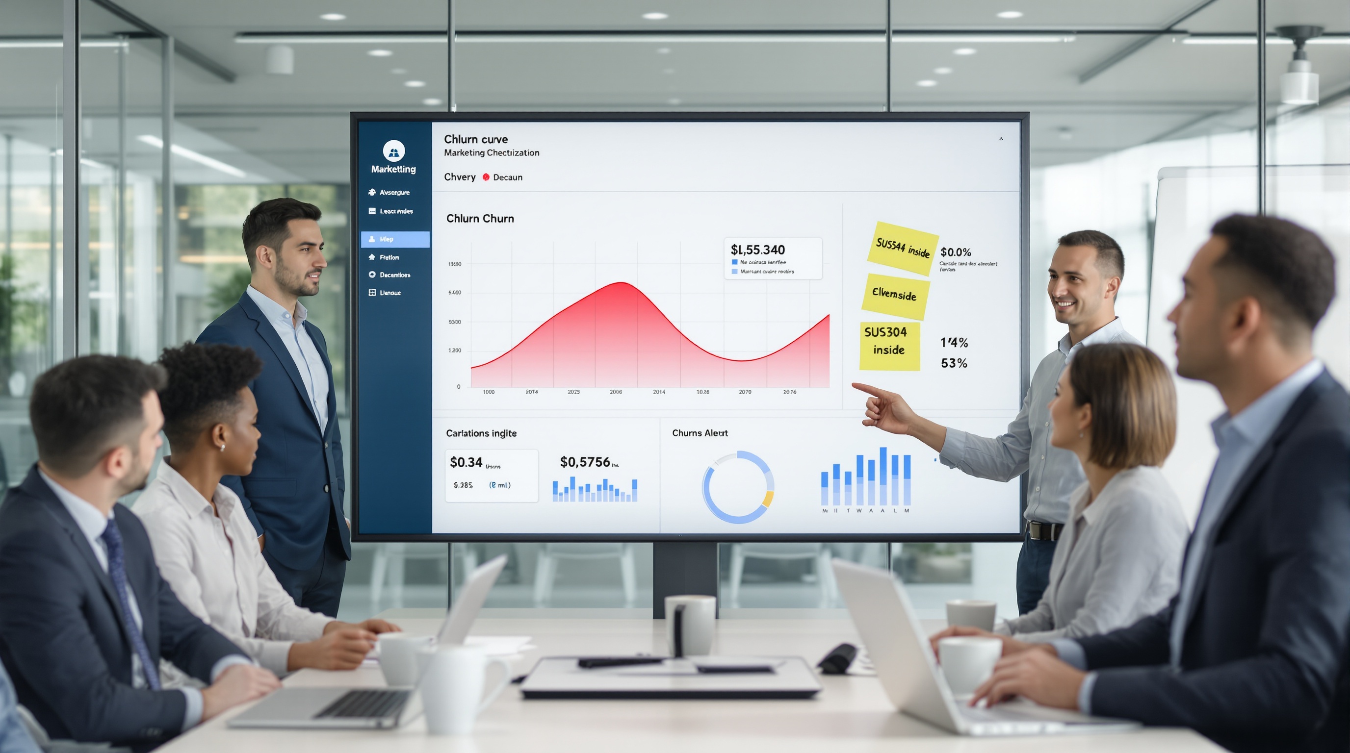 Tableau de bord alerte churn marketing avec post-it humoristique 'SUS304 inside'
