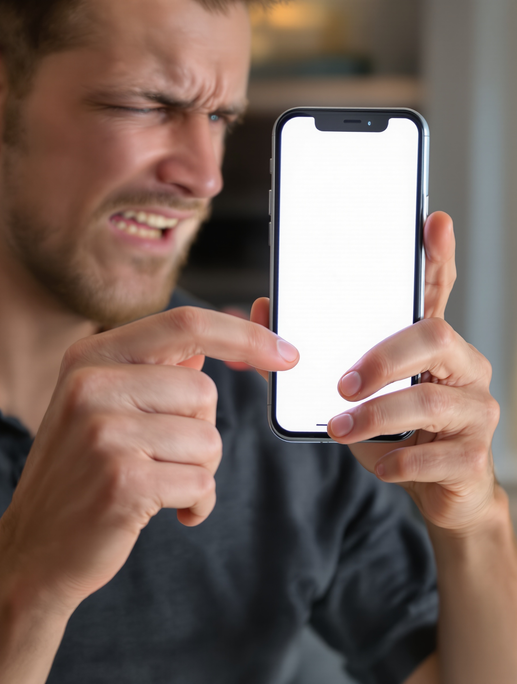 Utilisateur énervé essayant de fermer un pop-up géant sur smartphone