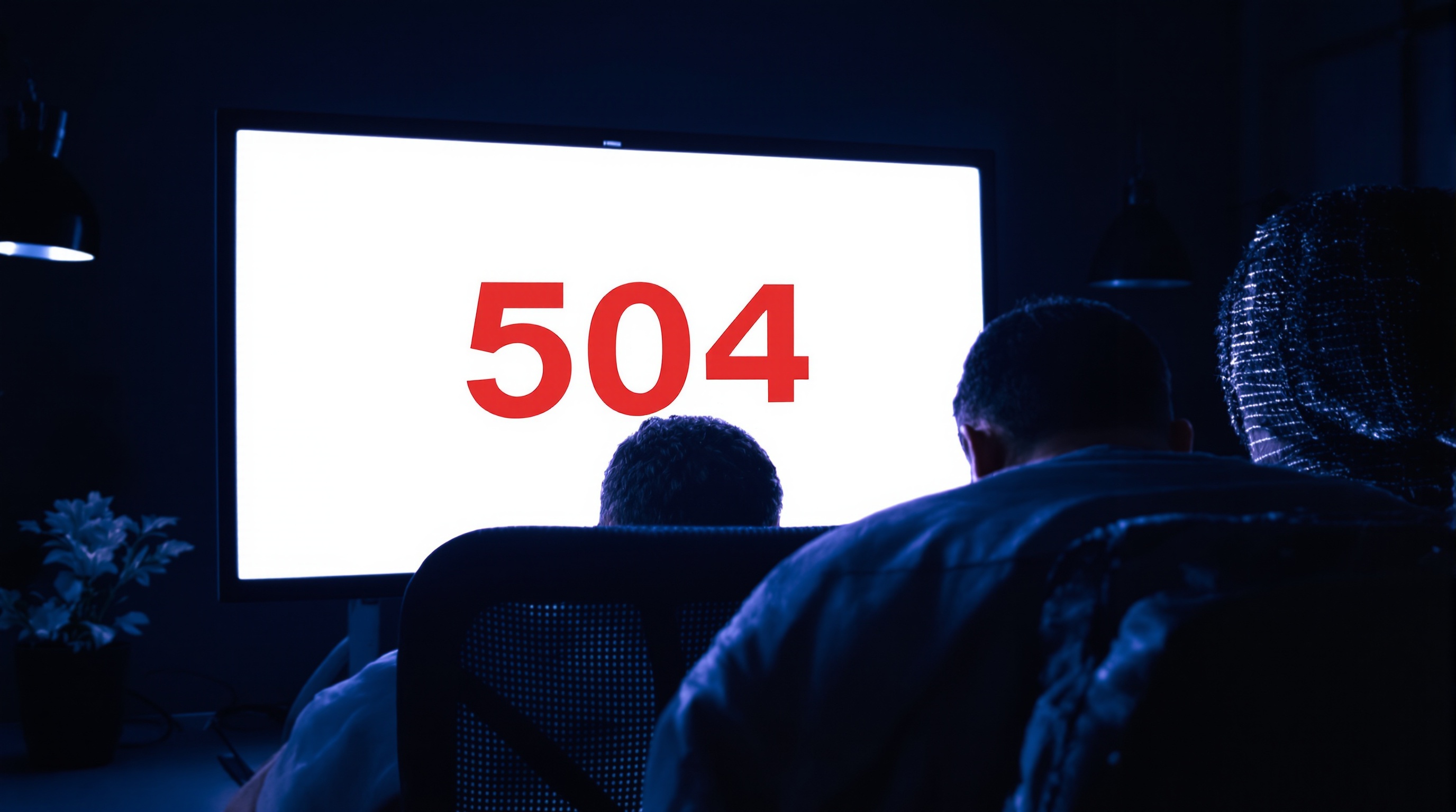 Un utilisateur exaspéré devant son ordinateur affichant une page blanche avec une grosse erreur 504 en rouge. Une seule page blanche et c'est l'image de marque qui s'écroule.