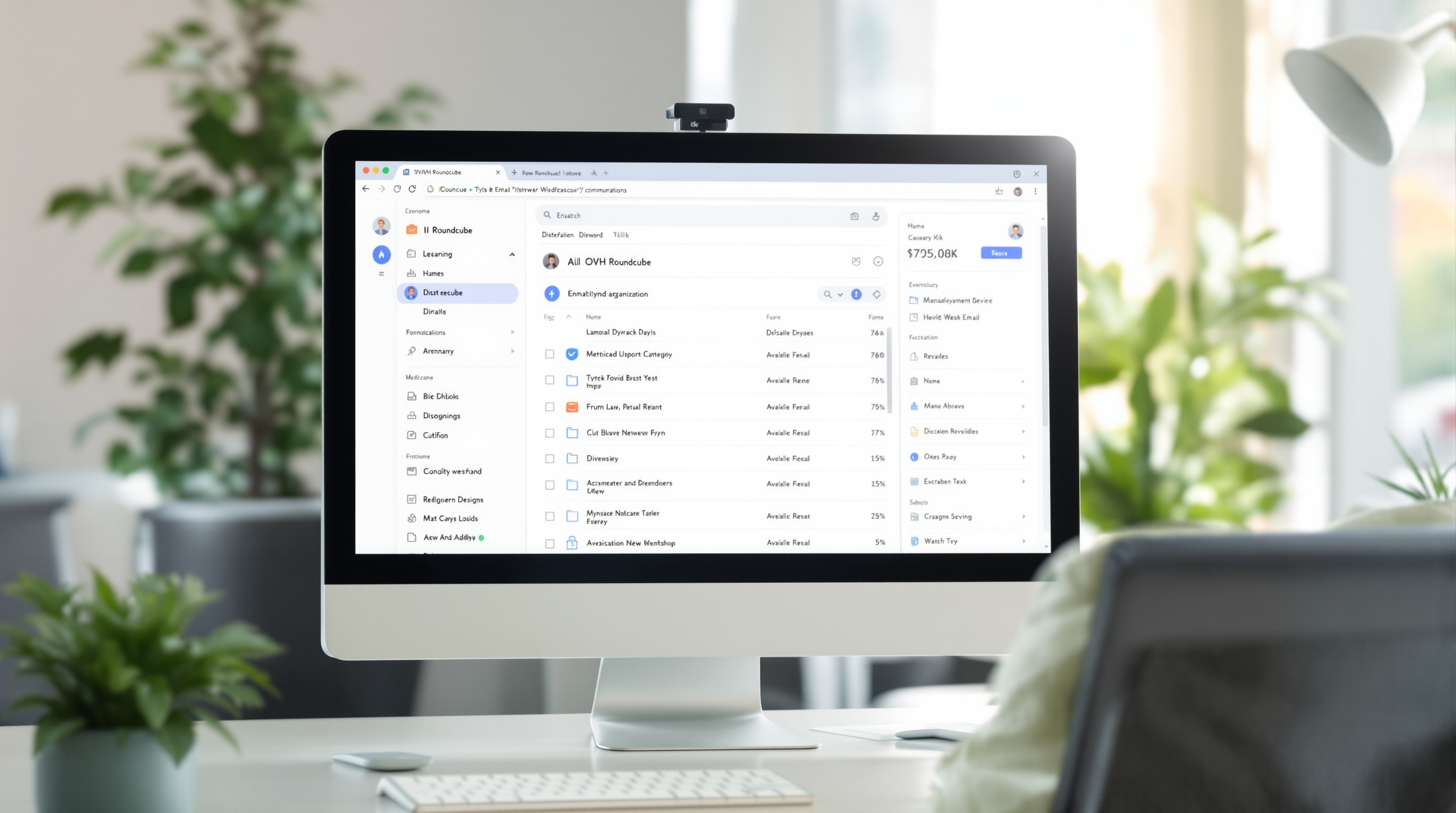 Un utilisateur satisfait devant son écran, boîte mail OVH Roundcube parfaitement organisée, ambiance zen et professionnelle.