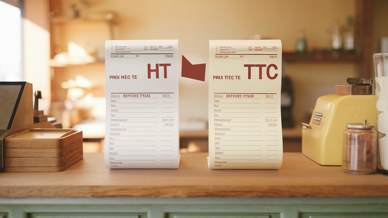 Comparaison prix HT et prix TTC sur deux tickets de caisse